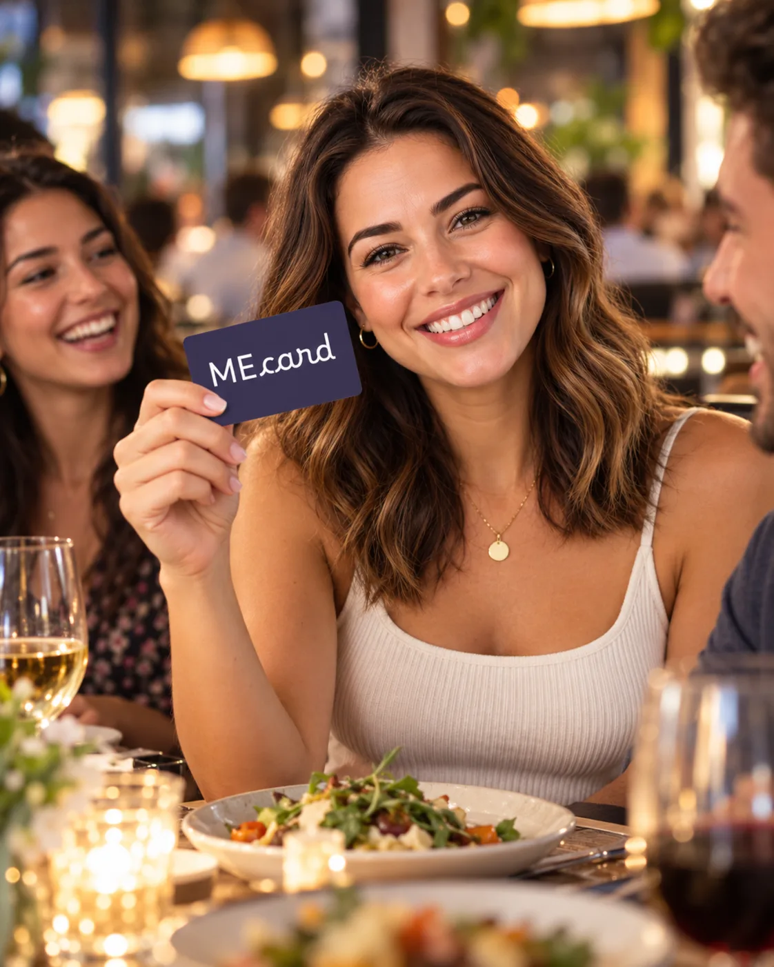 Friends sharing plates of food around a busy restaurant table
